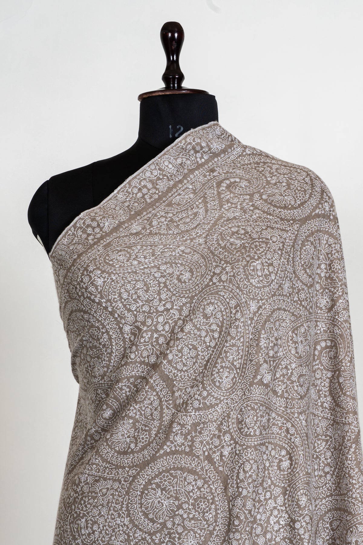 3 Yards Champagne Paisley Pure Pashmina Shawl with Sozni Hand Embroidered Ornamental Elegance
