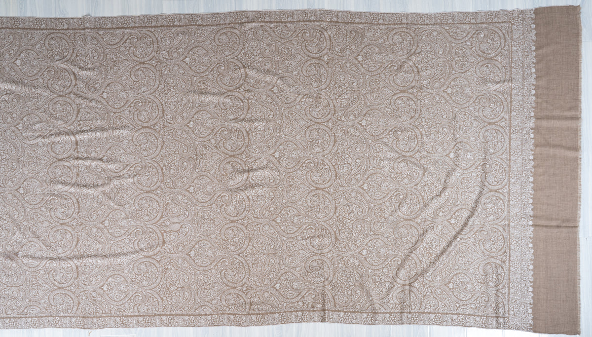 3 Yards Champagne Paisley Pure Pashmina Shawl with Sozni Hand Embroidered Ornamental Elegance