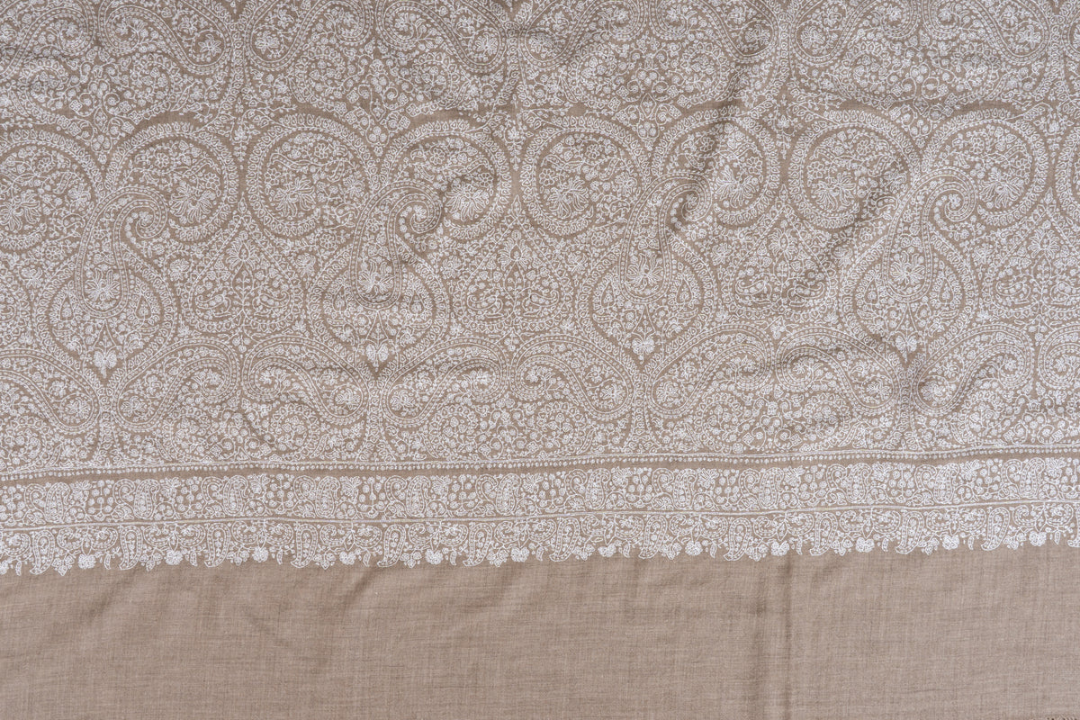 3 Yards Champagne Paisley Pure Pashmina Shawl with Sozni Hand Embroidered Ornamental Elegance
