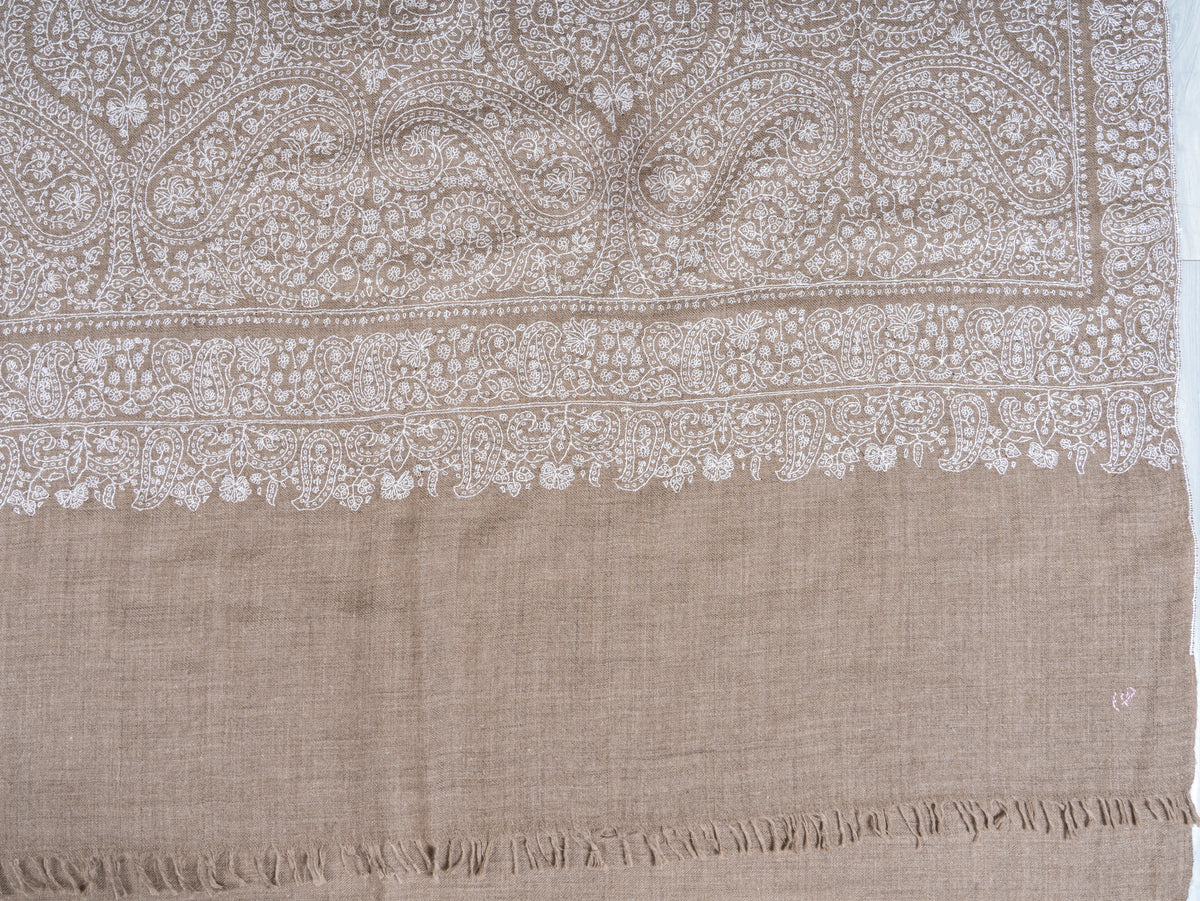 3 Yards Champagne Paisley Pure Pashmina Shawl with Sozni Hand Embroidered Ornamental Elegance