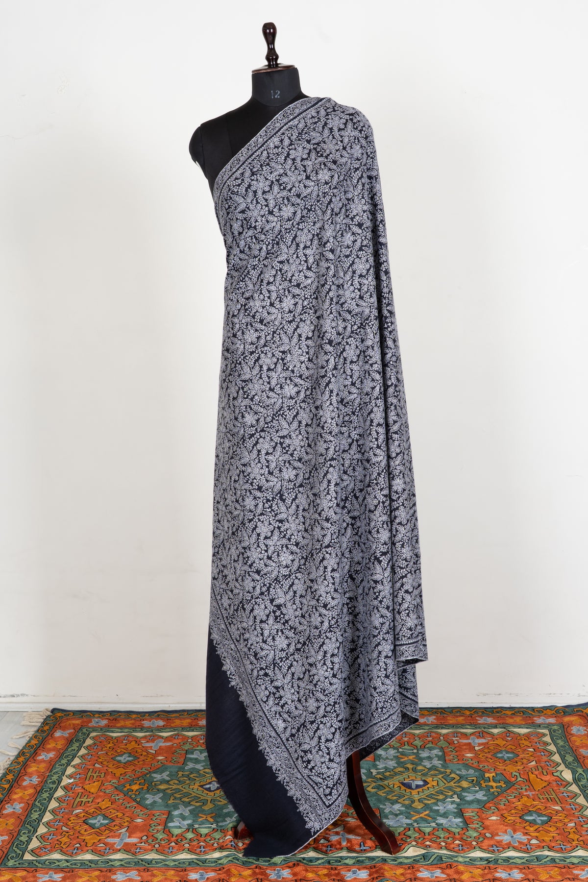 Midnight Lace Pure Pashmina Shawl with Sozni Hand Embroidered Ivory Floral Tapestry