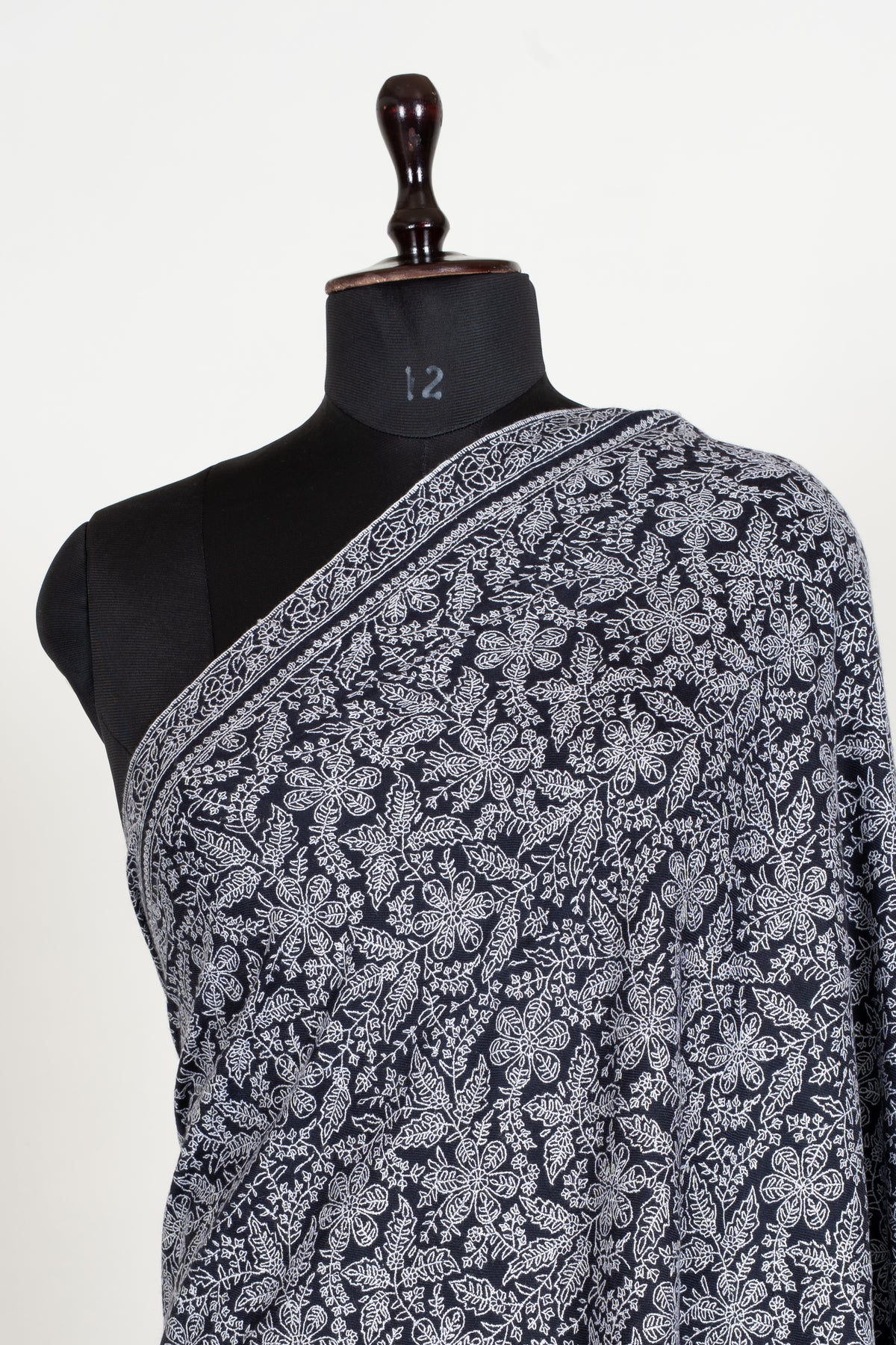 Midnight Lace Pure Pashmina Shawl with Sozni Hand Embroidered Ivory Floral Tapestry