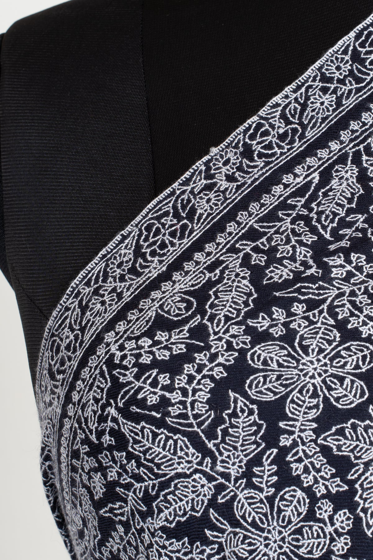 Midnight Lace Pure Pashmina Shawl with Sozni Hand Embroidered Ivory Floral Tapestry