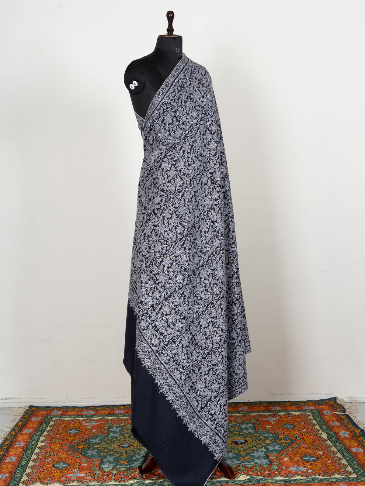 Midnight Lace Pure Pashmina Shawl with Sozni Hand Embroidered Ivory Floral Tapestry