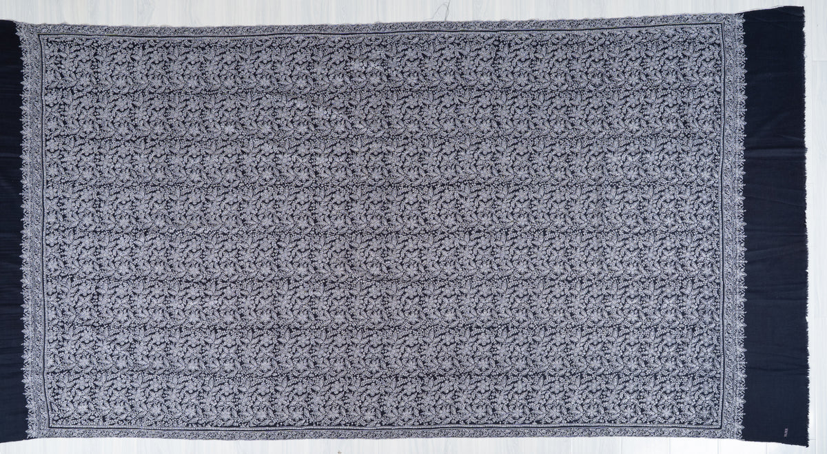 Midnight Lace Pure Pashmina Shawl with Sozni Hand Embroidered Ivory Floral Tapestry