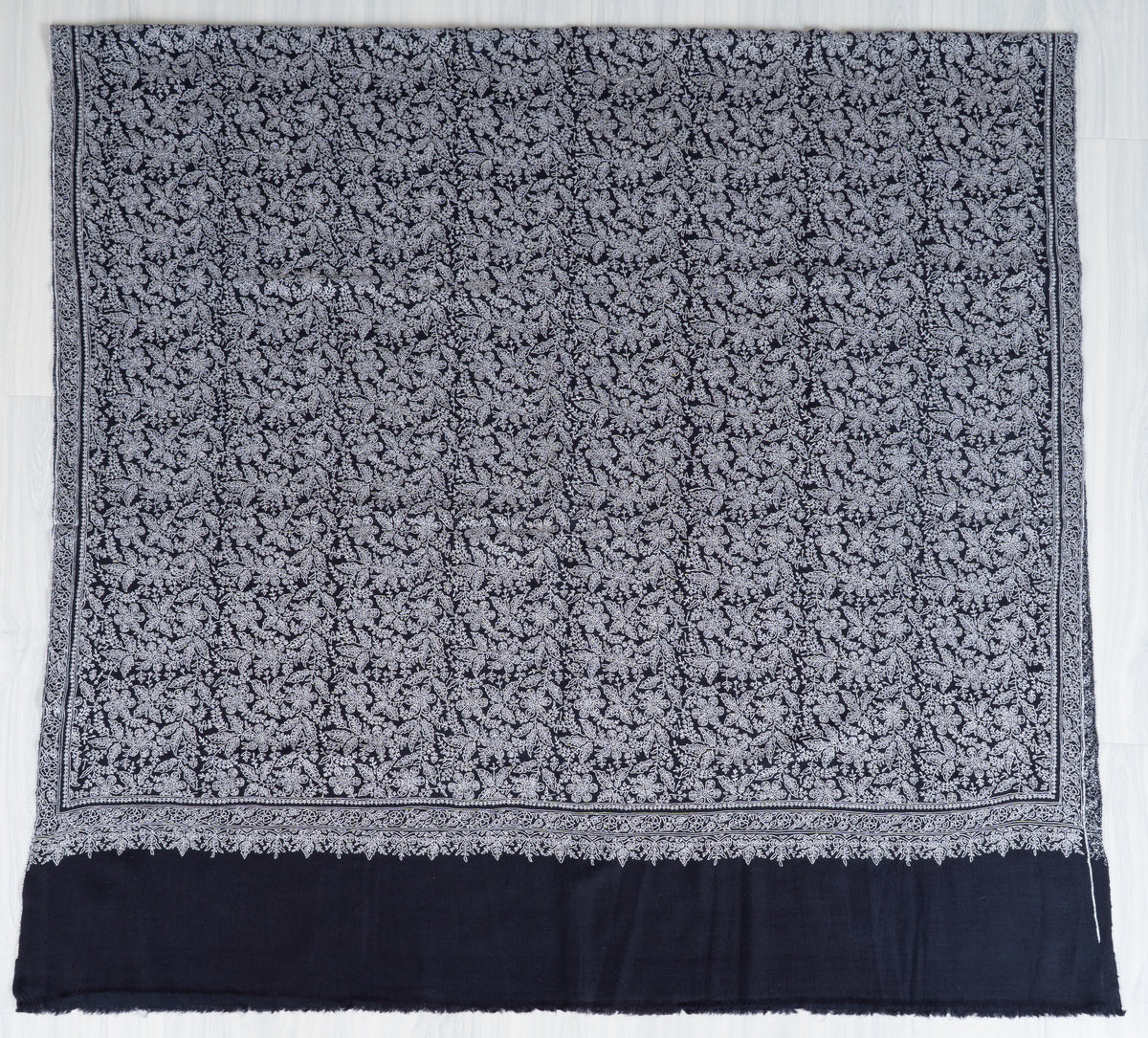 Midnight Lace Pure Pashmina Shawl with Sozni Hand Embroidered Ivory Floral Tapestry