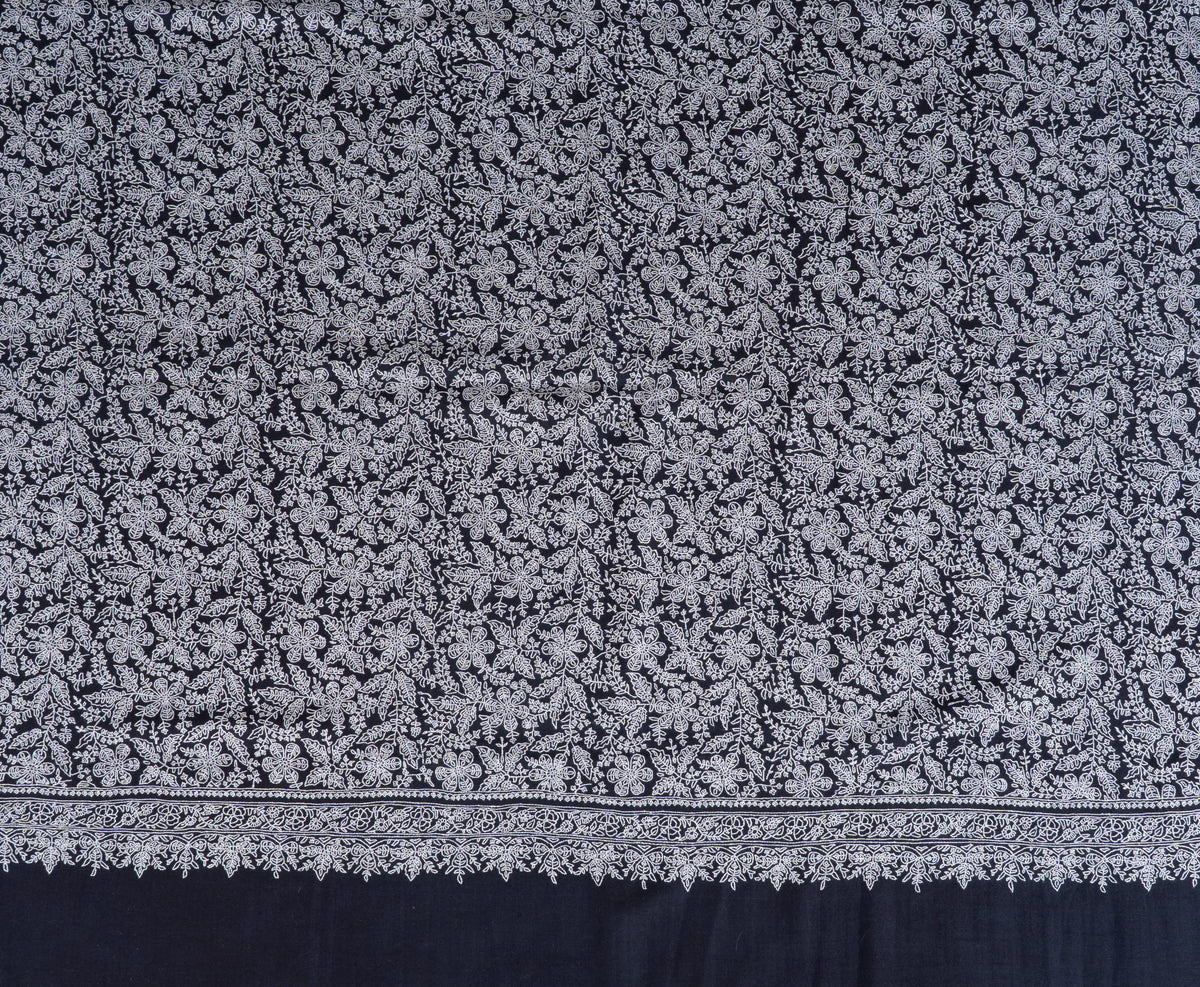 Midnight Lace Pure Pashmina Shawl with Sozni Hand Embroidered Ivory Floral Tapestry