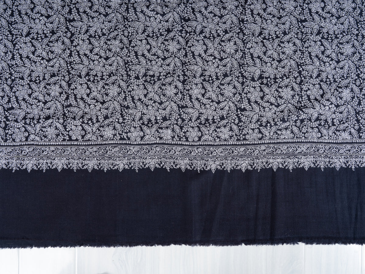 Midnight Lace Pure Pashmina Shawl with Sozni Hand Embroidered Ivory Floral Tapestry