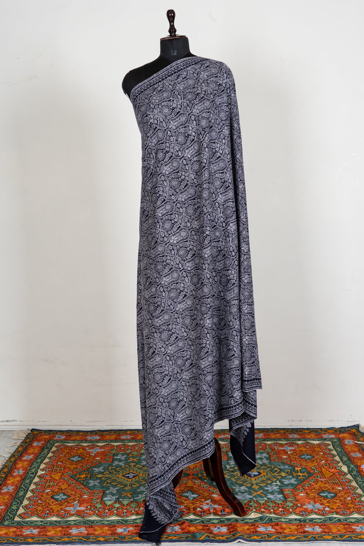 Silver Labyrinth Pure Pashmina Shawl with Sozni Hand Embroidered Ornamental Floral Patterns
