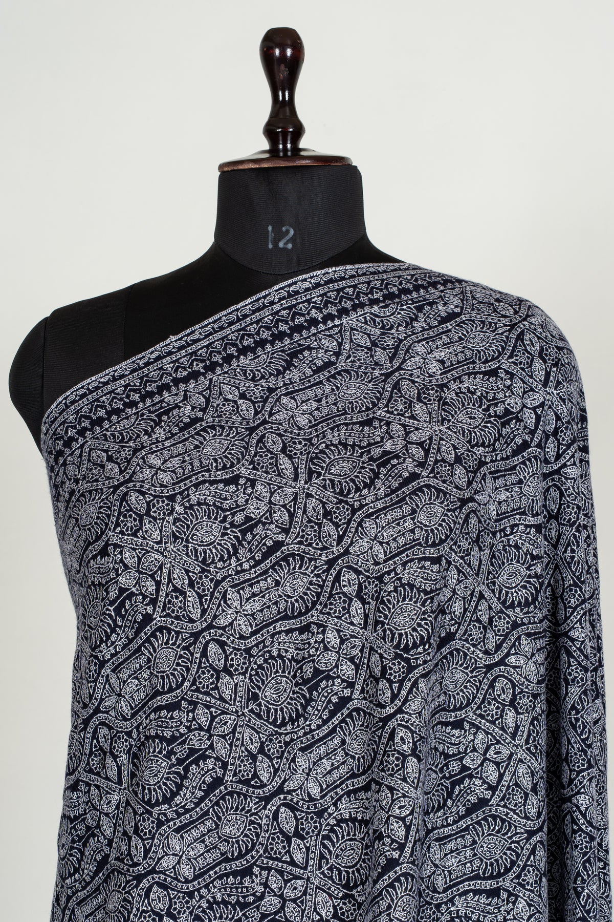 Silver Labyrinth Pure Pashmina Shawl with Sozni Hand Embroidered Ornamental Floral Patterns