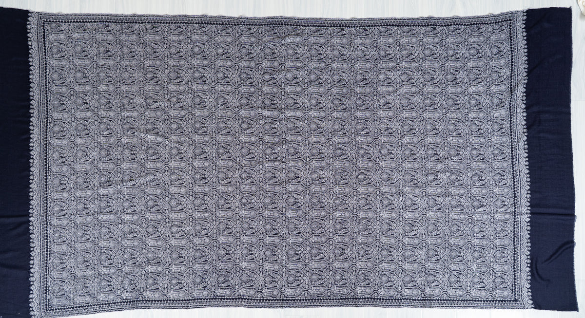 Silver Labyrinth Pure Pashmina Shawl with Sozni Hand Embroidered Ornamental Floral Patterns