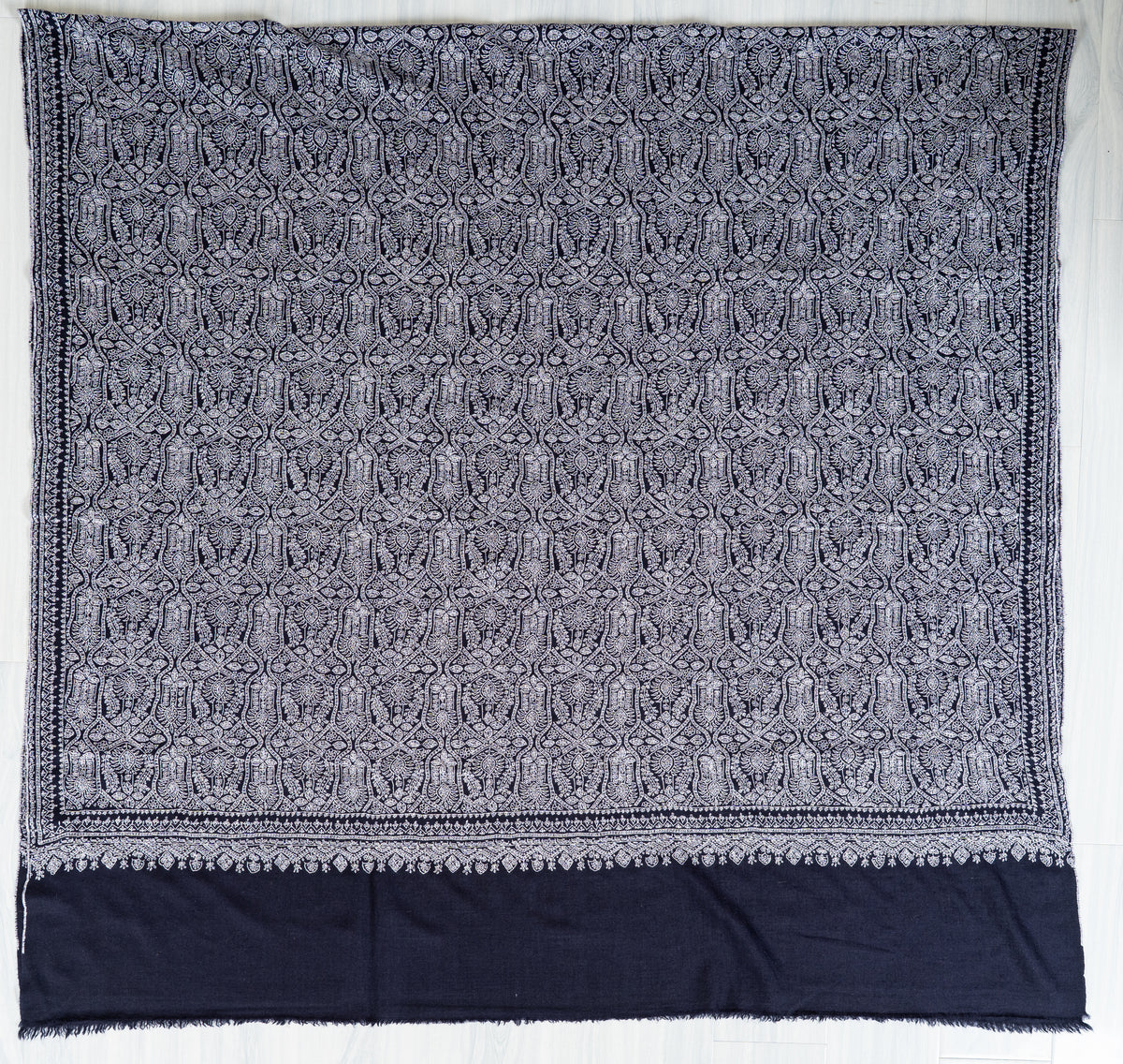 Silver Labyrinth Pure Pashmina Shawl with Sozni Hand Embroidered Ornamental Floral Patterns