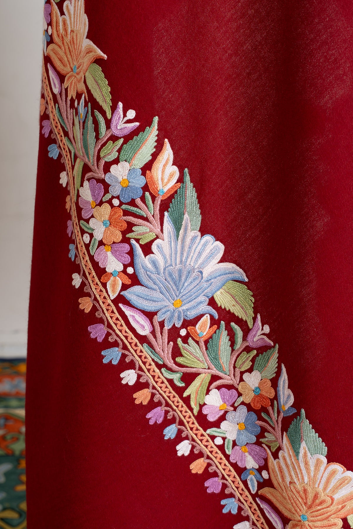 Crimson Bloom Aari Hand Embroidered Fine merino wool Shawl with Multicolored Floral Accents