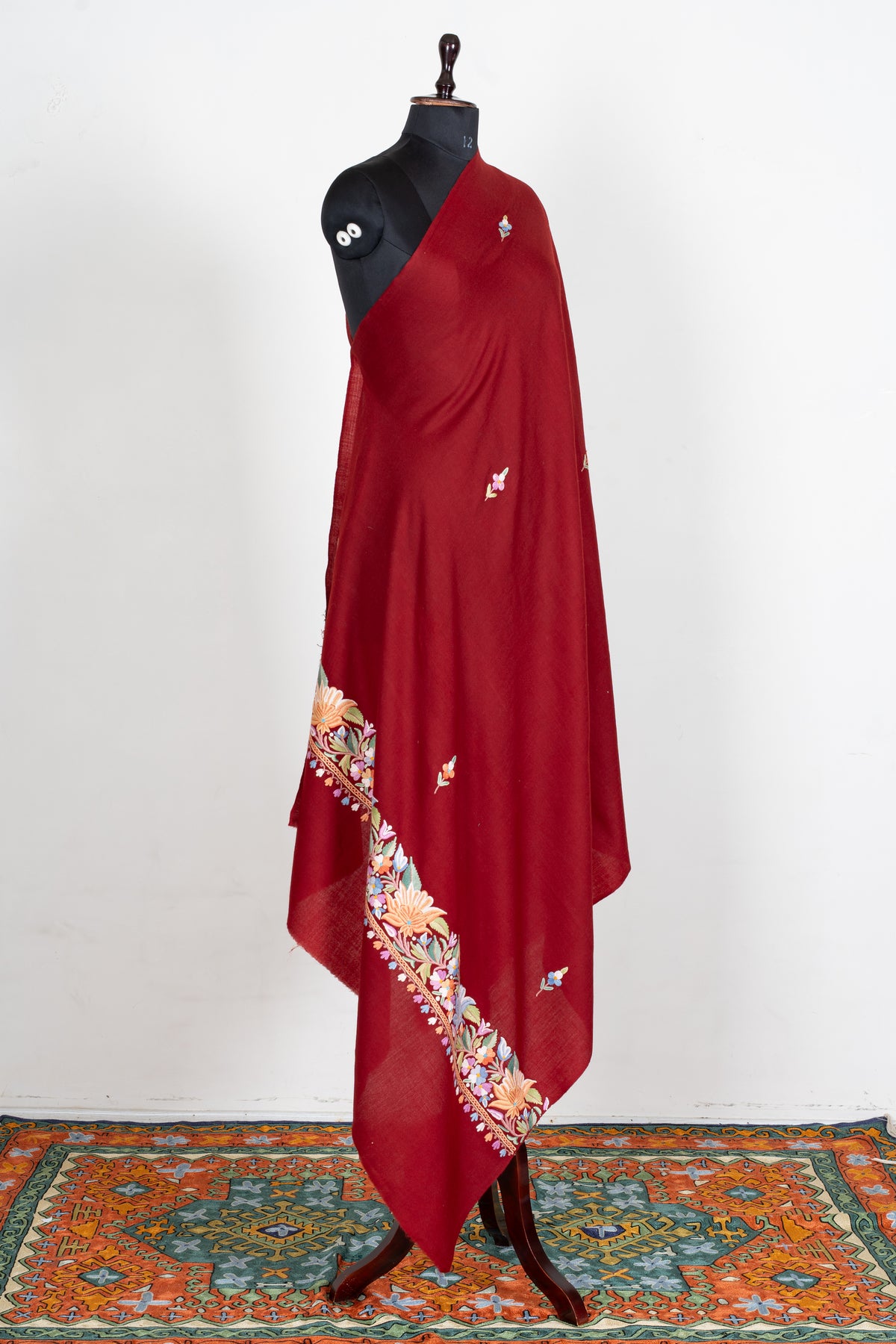 Crimson Bloom Aari Hand Embroidered Fine merino wool Shawl with Multicolored Floral Accents