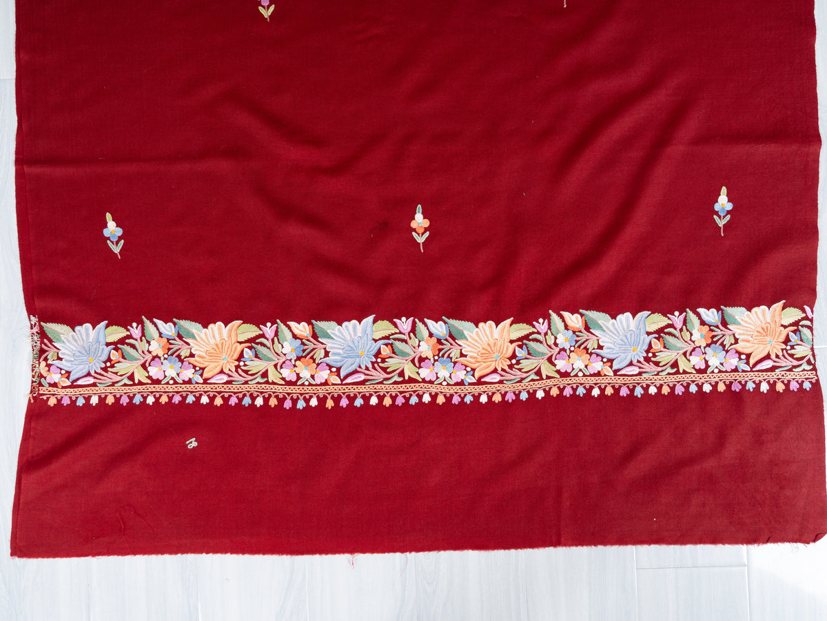 Crimson Bloom Aari Hand Embroidered Fine merino wool Shawl with Multicolored Floral Accents
