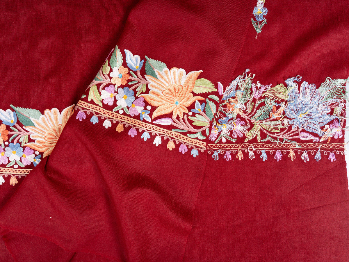 Crimson Bloom Aari Hand Embroidered Fine merino wool Shawl with Multicolored Floral Accents