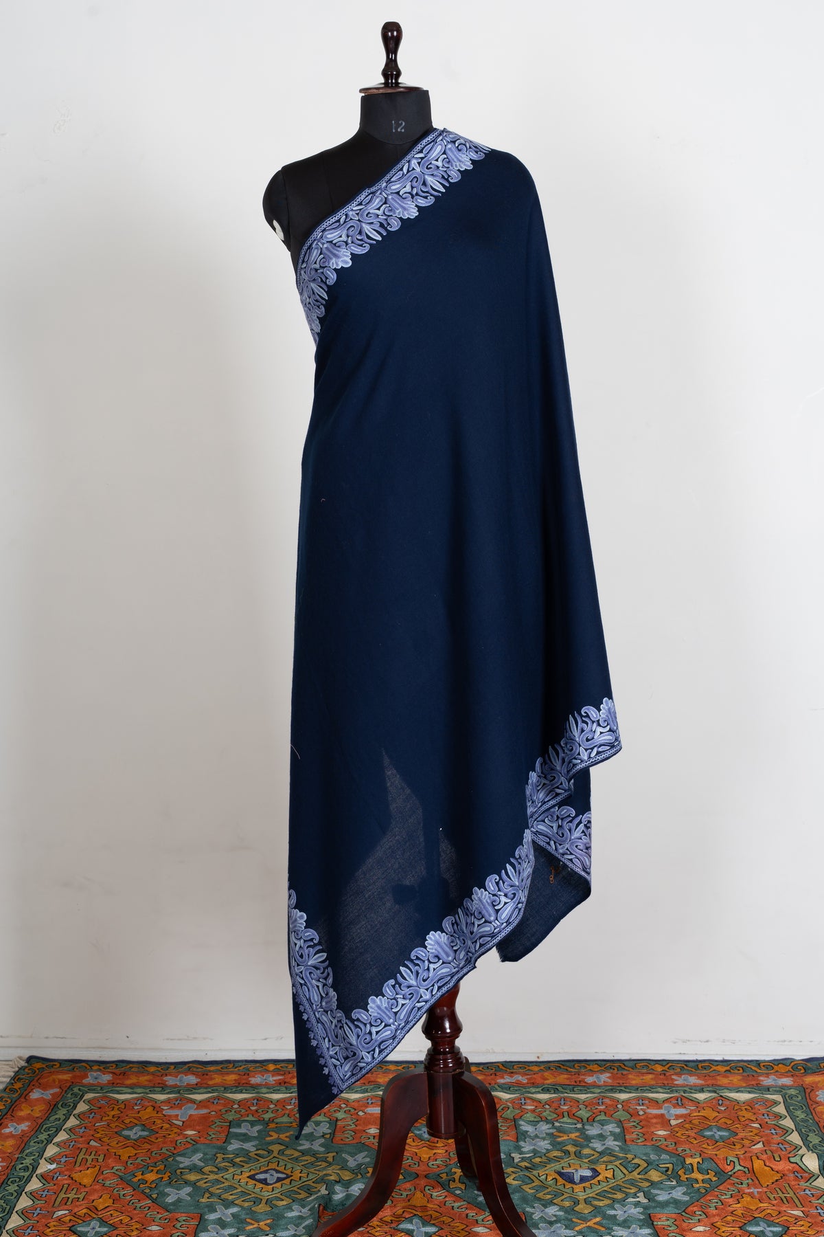 Midnight Navy Aari Hand Embroidered Fine merino wool Shawl with Lavender Ornamental Borders