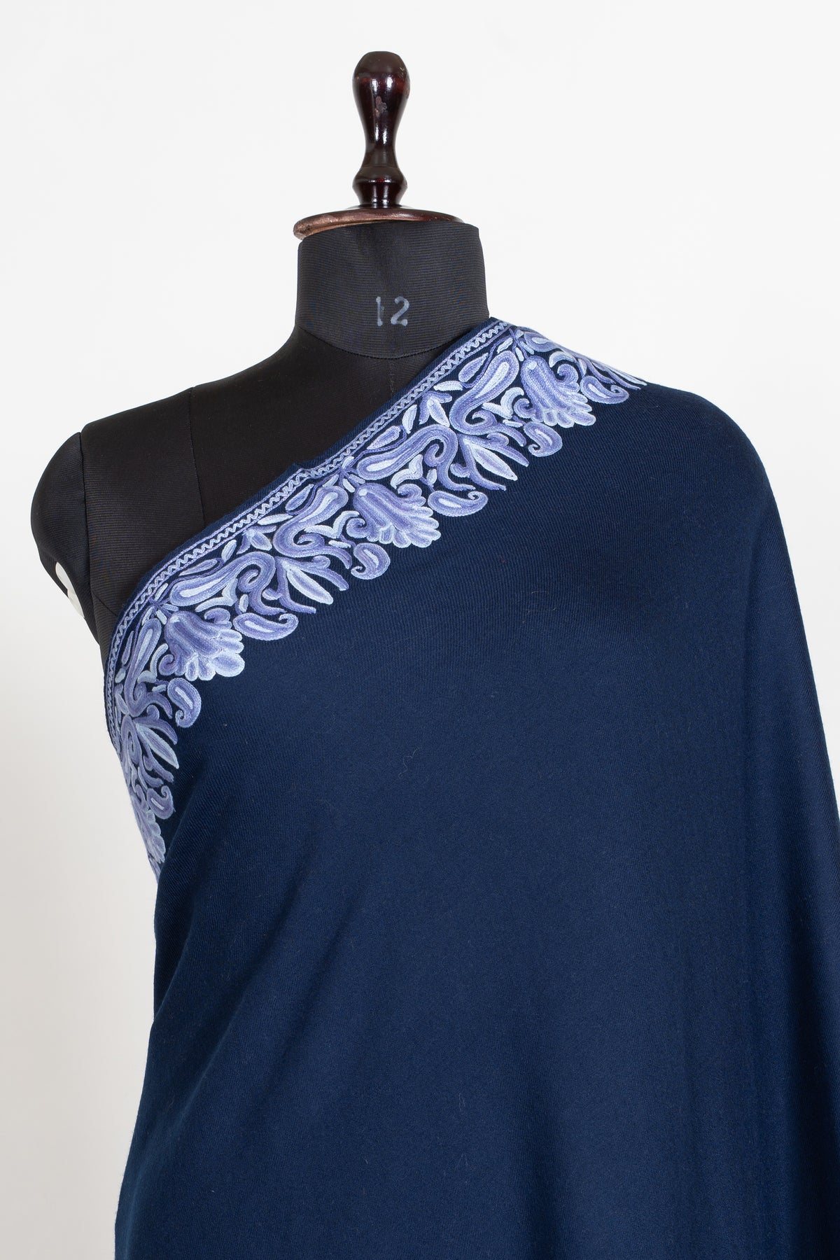 Midnight Navy Aari Hand Embroidered Fine merino wool Shawl with Lavender Ornamental Borders