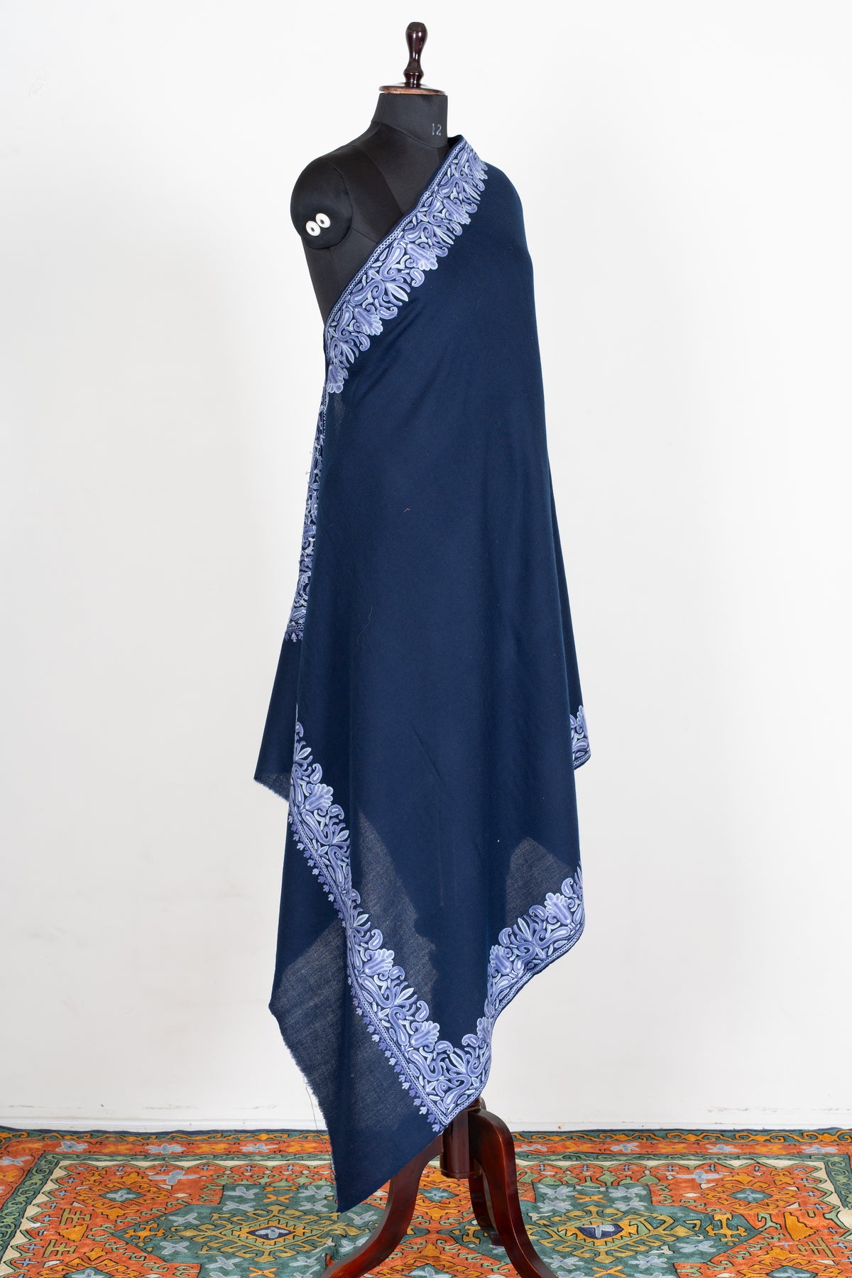 Midnight Navy Aari Hand Embroidered Fine merino wool Shawl with Lavender Ornamental Borders