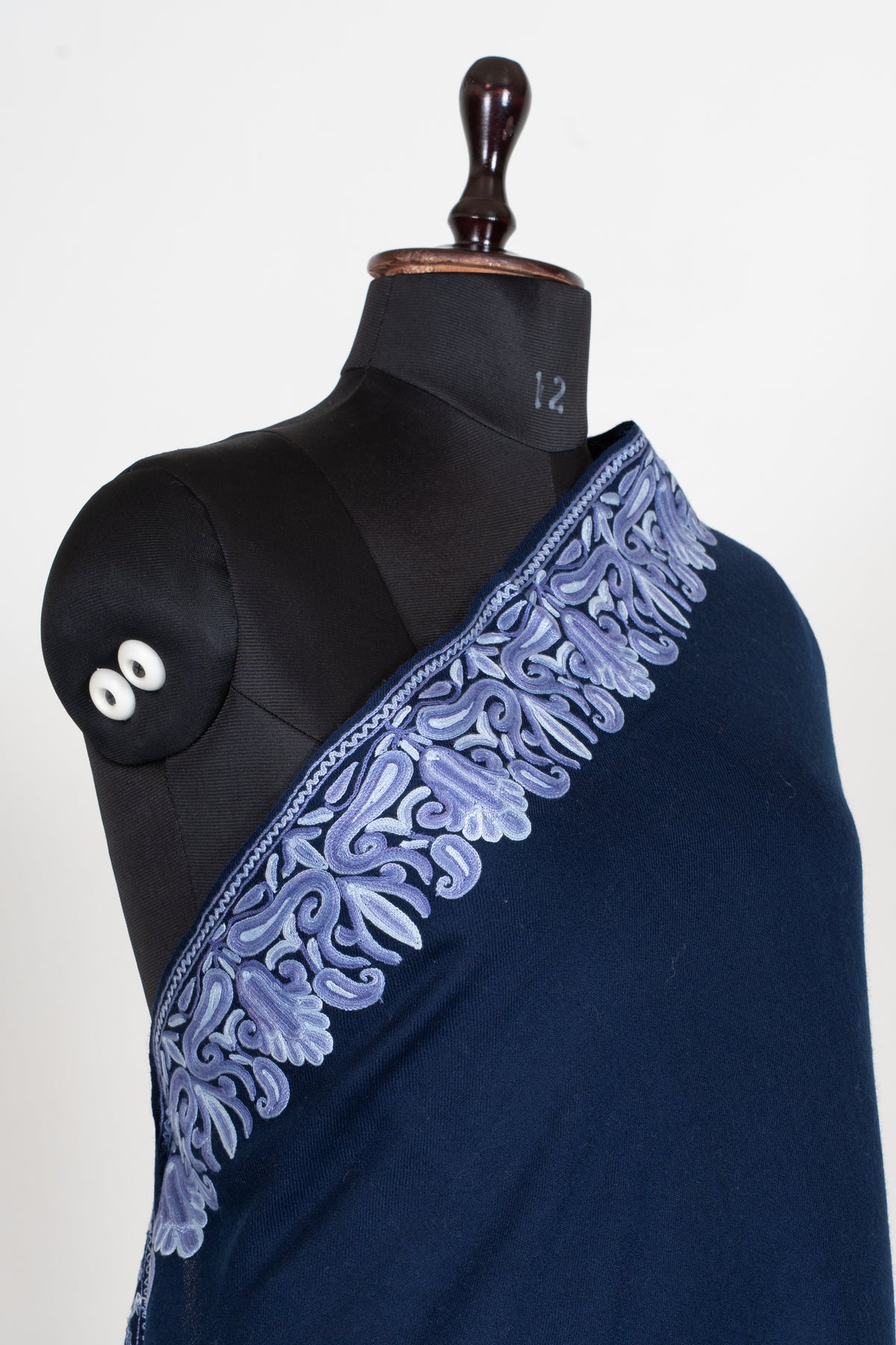 Midnight Navy Aari Hand Embroidered Fine merino wool Shawl with Lavender Ornamental Borders