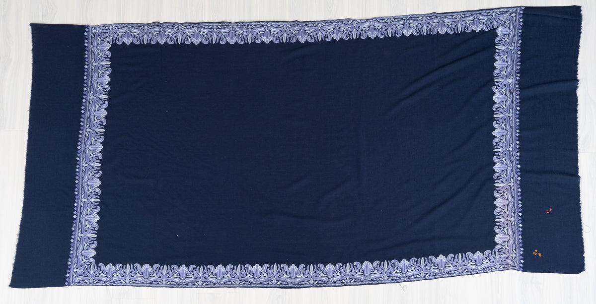 Midnight Navy Aari Hand Embroidered Fine merino wool Shawl with Lavender Ornamental Borders