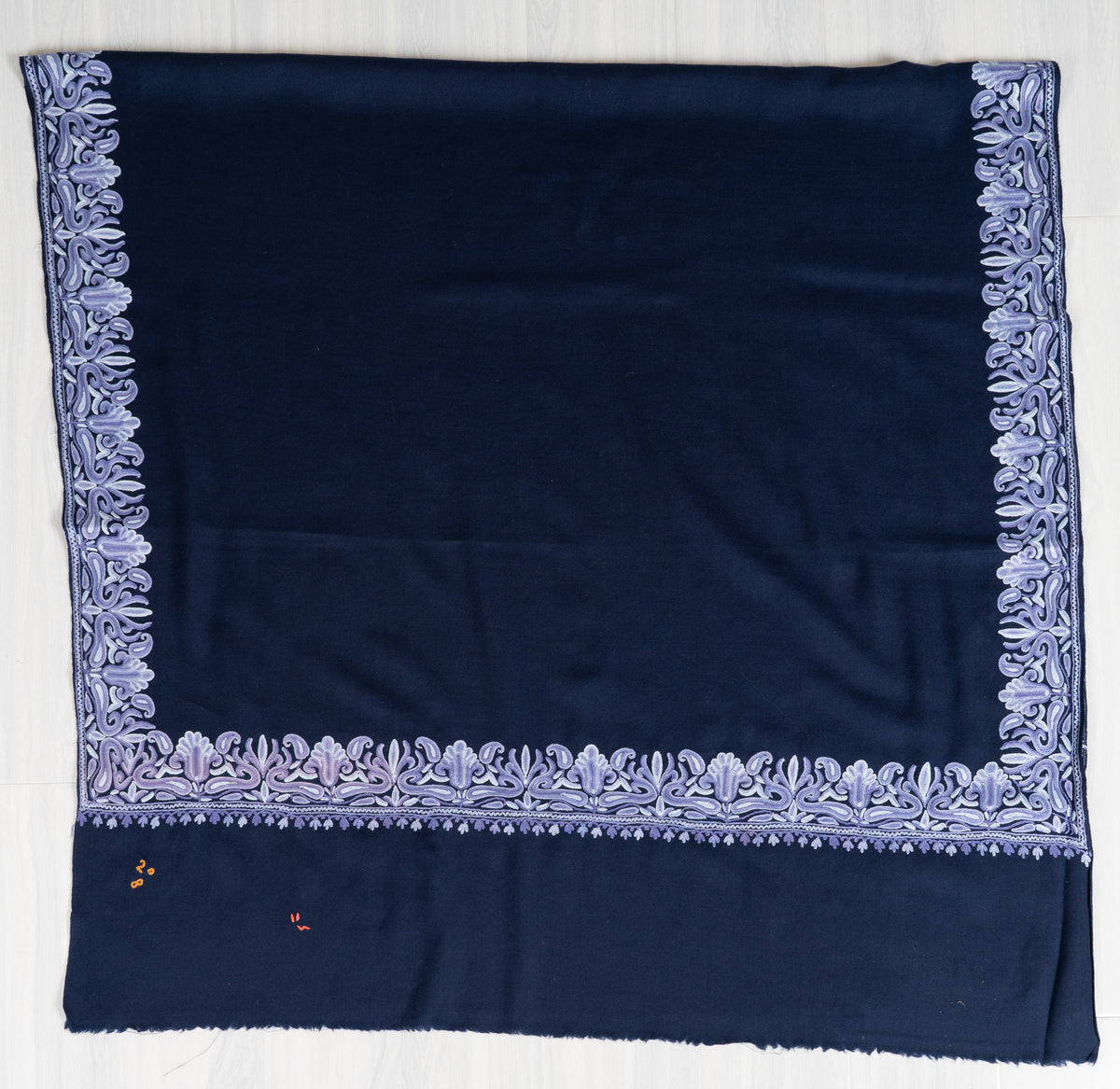 Midnight Navy Aari Hand Embroidered Fine merino wool Shawl with Lavender Ornamental Borders