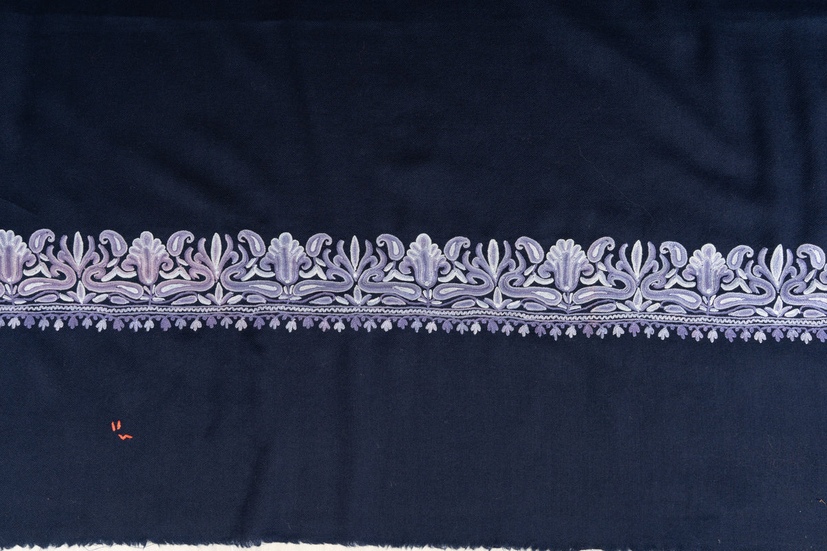 Midnight Navy Aari Hand Embroidered Fine merino wool Shawl with Lavender Ornamental Borders