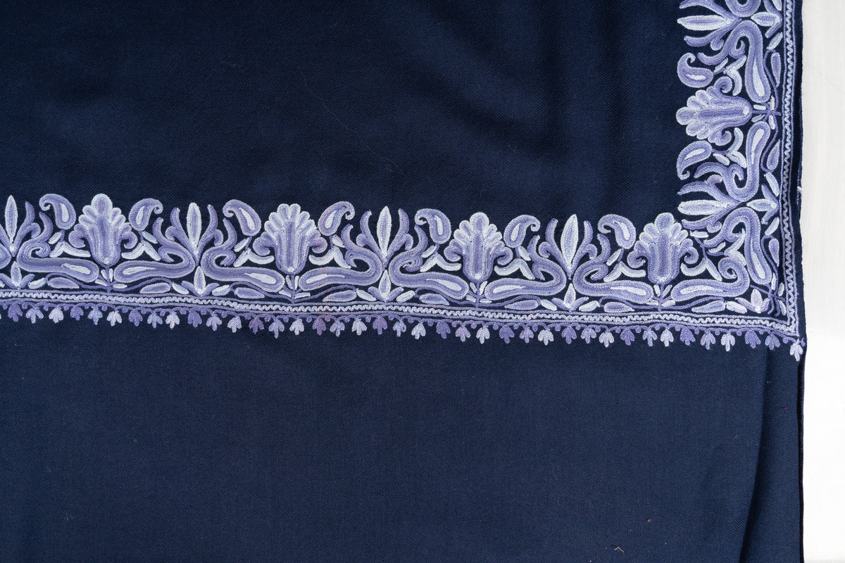 Midnight Navy Aari Hand Embroidered Fine merino wool Shawl with Lavender Ornamental Borders