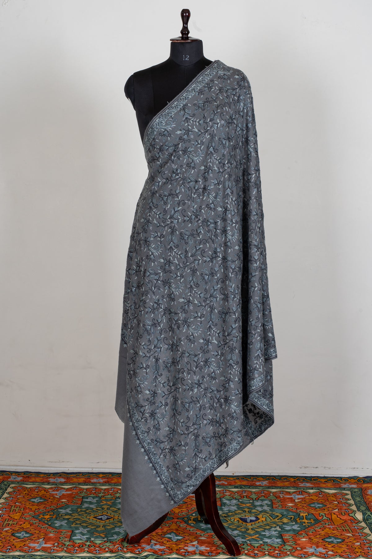 Aari Hand Embroidered Fine merino wool Shawl in Slate Grey with Frost Blue Floral Vines