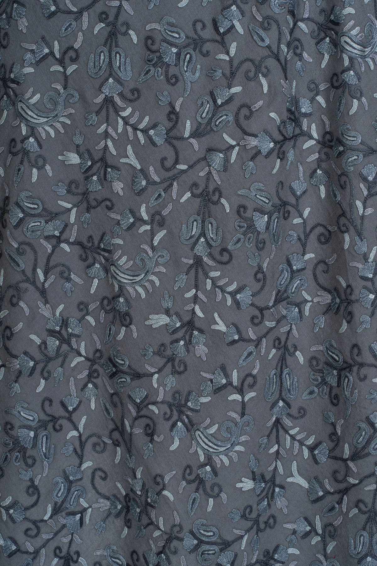 Aari Hand Embroidered Fine merino wool Shawl in Slate Grey with Frost Blue Floral Vines