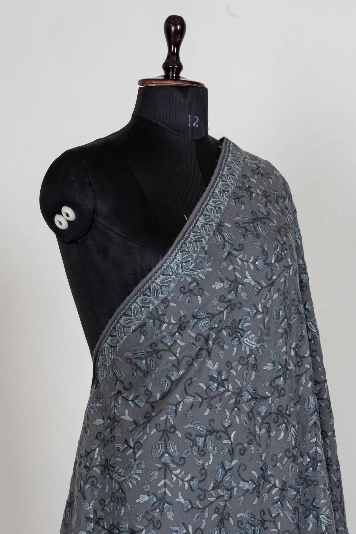 Aari Hand Embroidered Fine merino wool Shawl in Slate Grey with Frost Blue Floral Vines