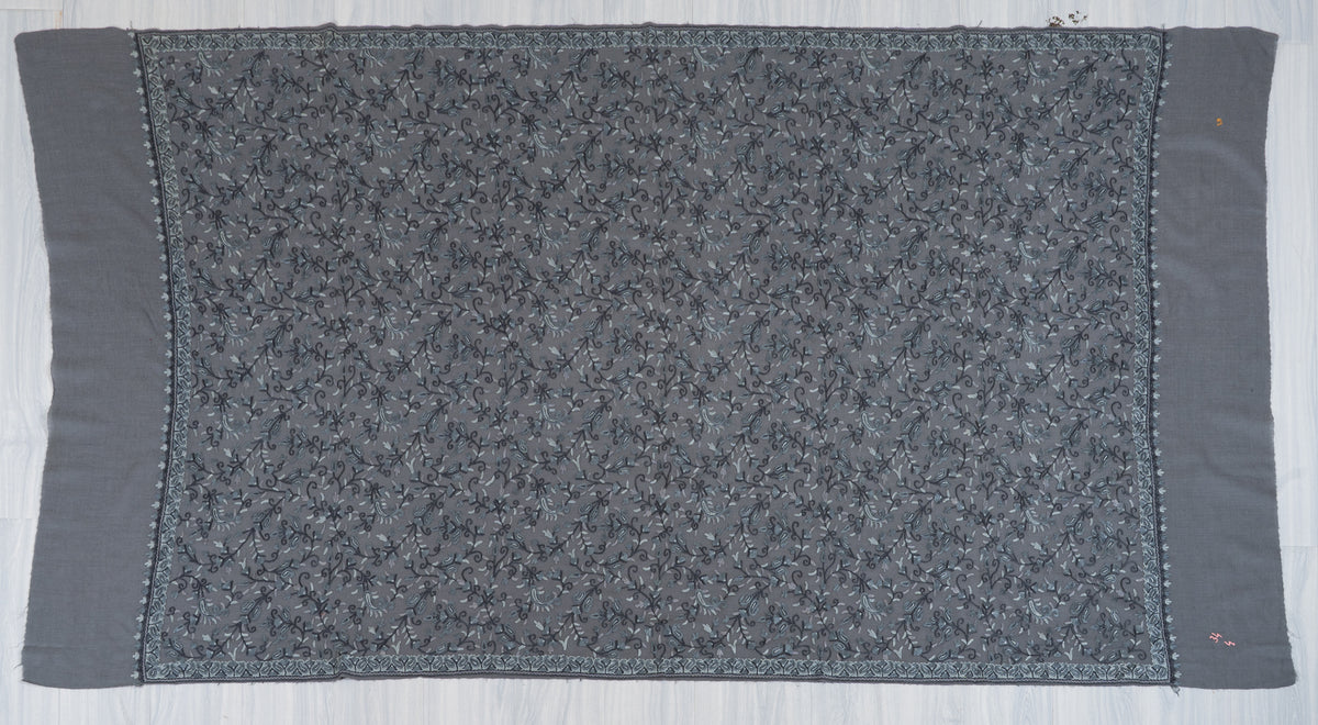 Aari Hand Embroidered Fine merino wool Shawl in Slate Grey with Frost Blue Floral Vines