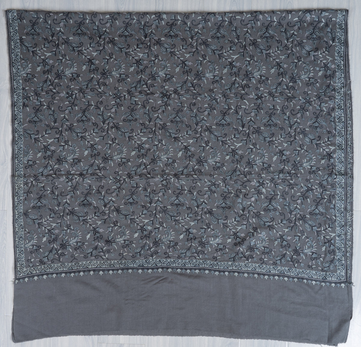Aari Hand Embroidered Fine merino wool Shawl in Slate Grey with Frost Blue Floral Vines