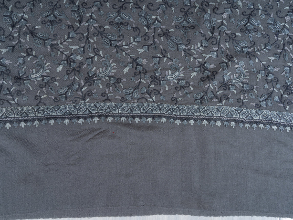 Aari Hand Embroidered Fine merino wool Shawl in Slate Grey with Frost Blue Floral Vines