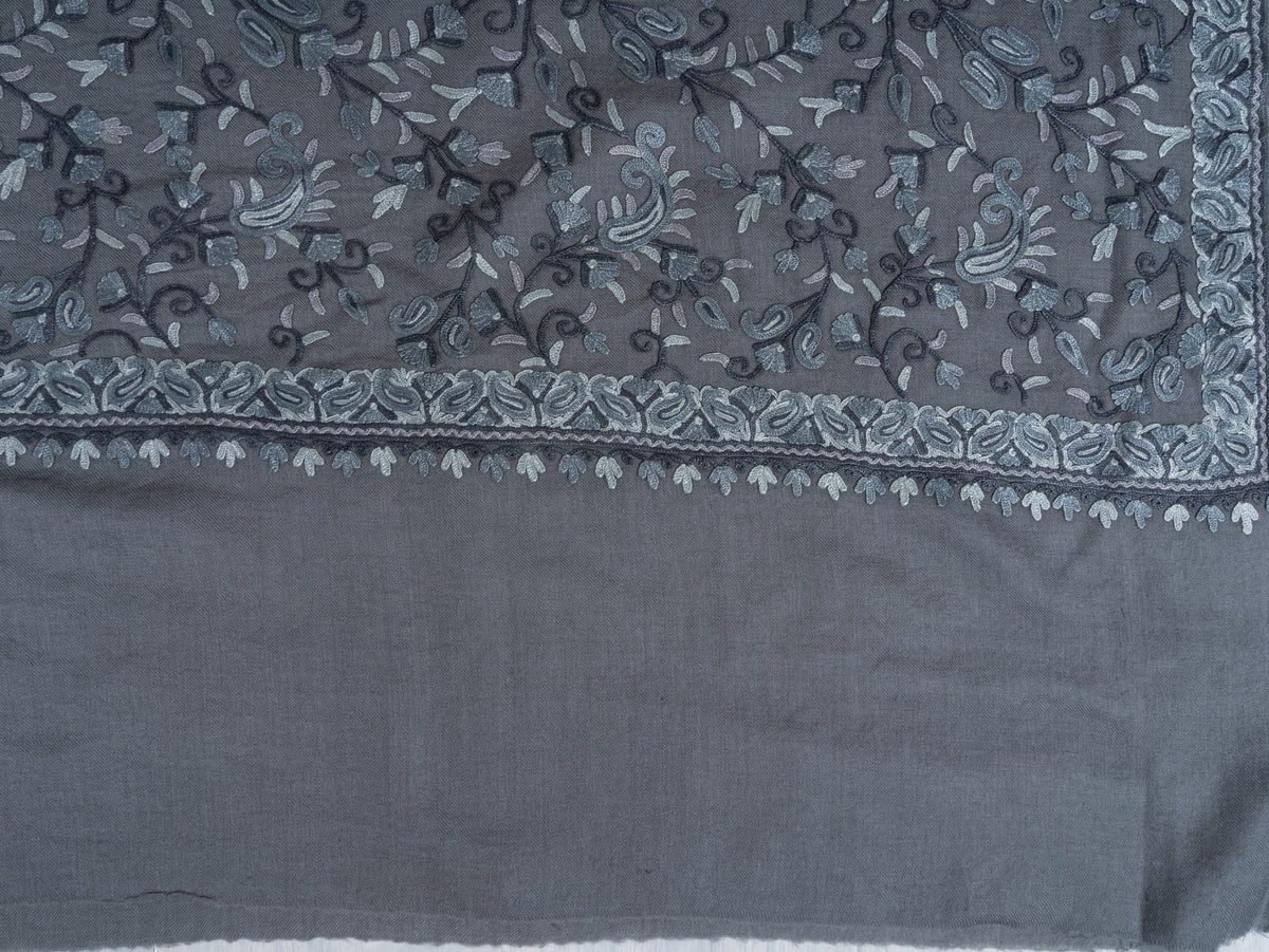 Aari Hand Embroidered Fine merino wool Shawl in Slate Grey with Frost Blue Floral Vines