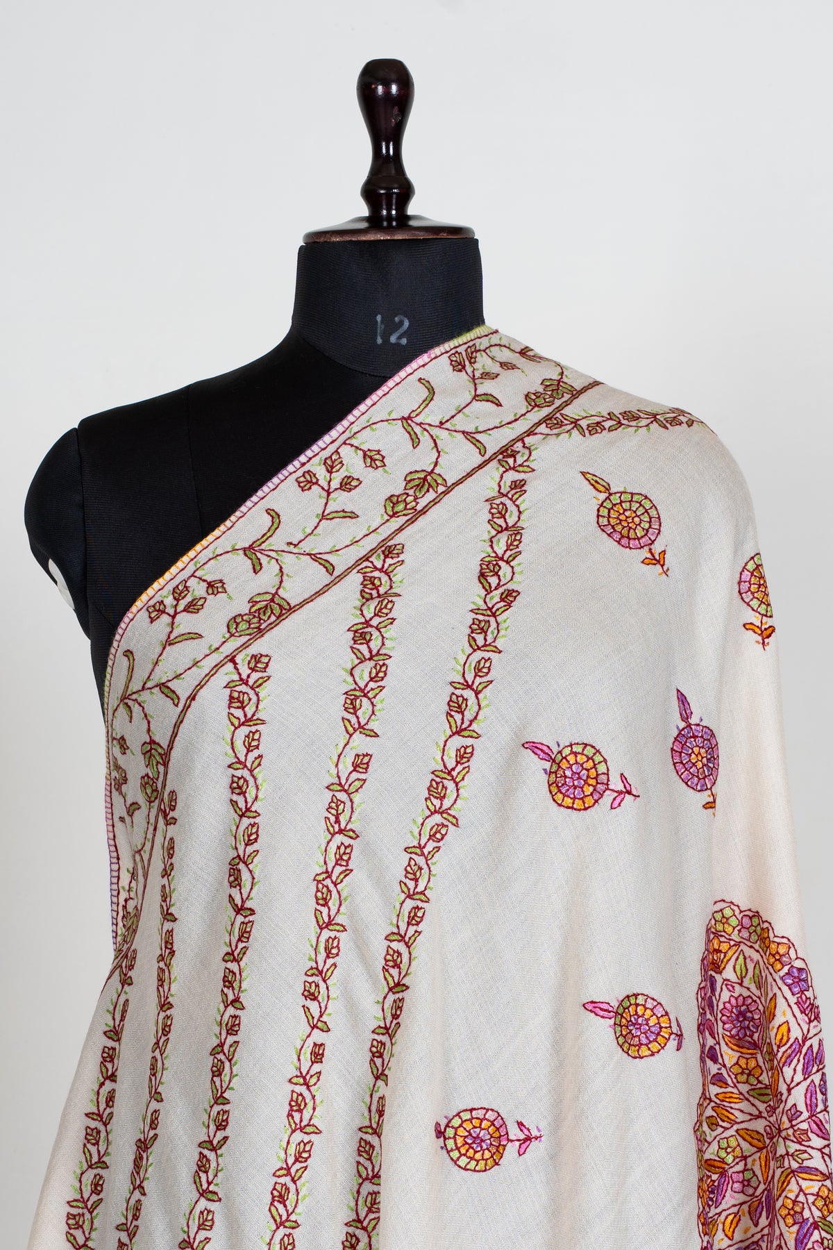 Ivory Blossom Sozni Hand Embroidered fine merino wool Shawl with Rose Pink and Golden Floral Accents