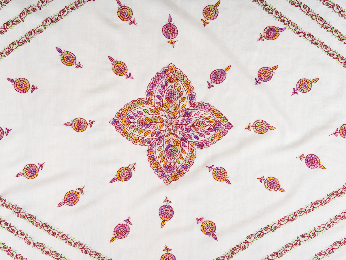 Ivory Blossom Sozni Hand Embroidered fine merino wool Shawl with Rose Pink and Golden Floral Accents