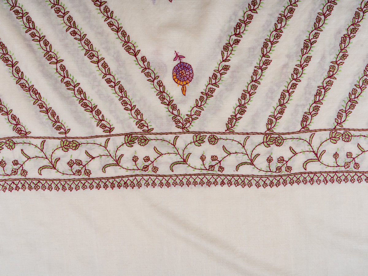 Ivory Blossom Sozni Hand Embroidered fine merino wool Shawl with Rose Pink and Golden Floral Accents