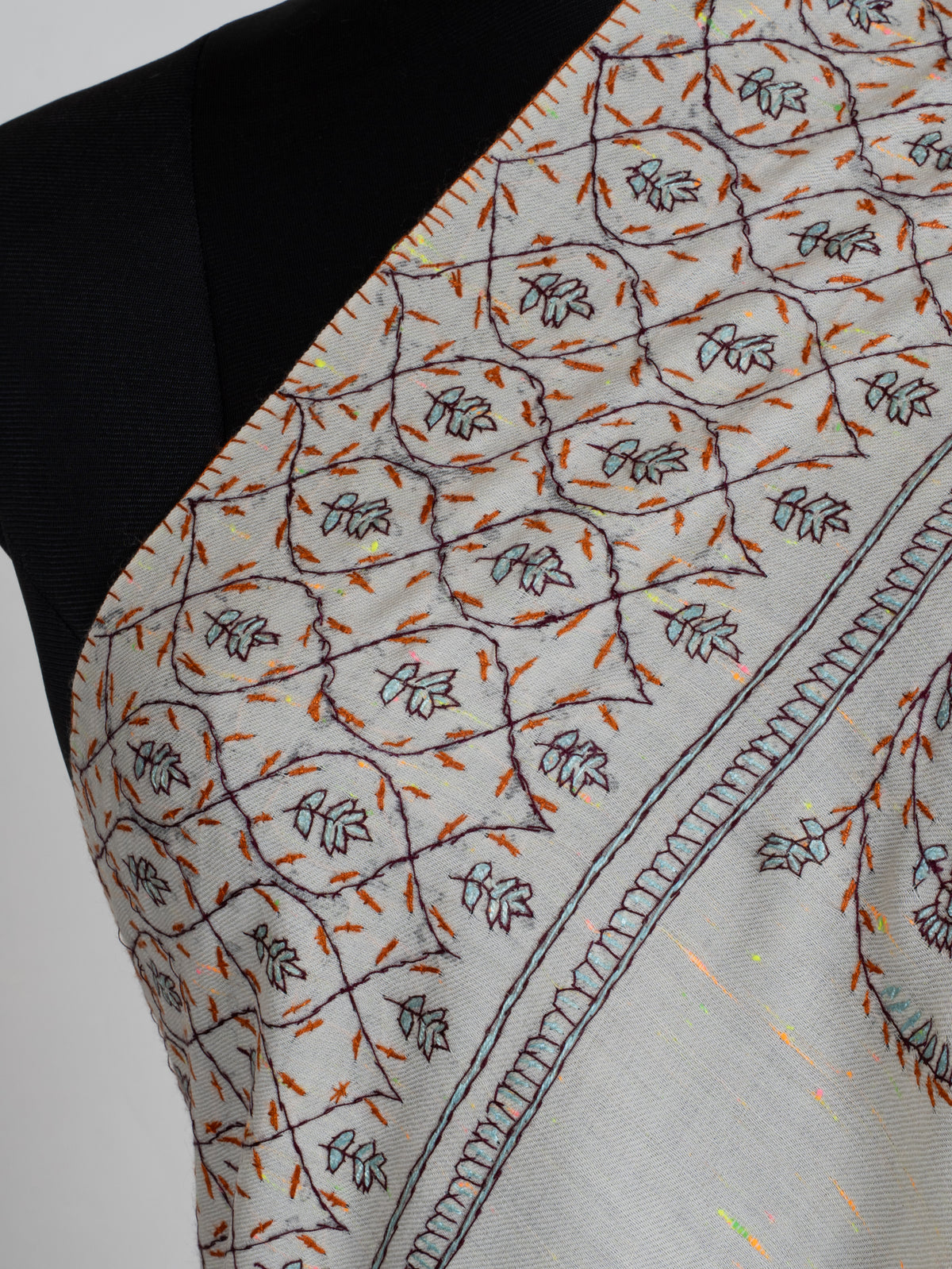 Ivory Whispers Sozni Hand Embroidered Fine merino wool Shawl with Delicate Blue and Rust Floral Vines