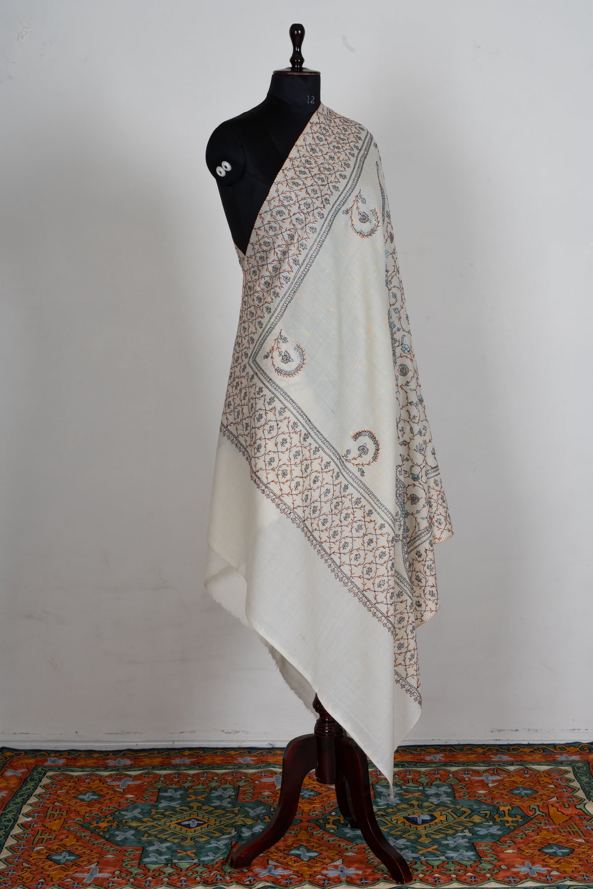 Ivory Whispers Sozni Hand Embroidered Fine merino wool Shawl with Delicate Blue and Rust Floral Vines