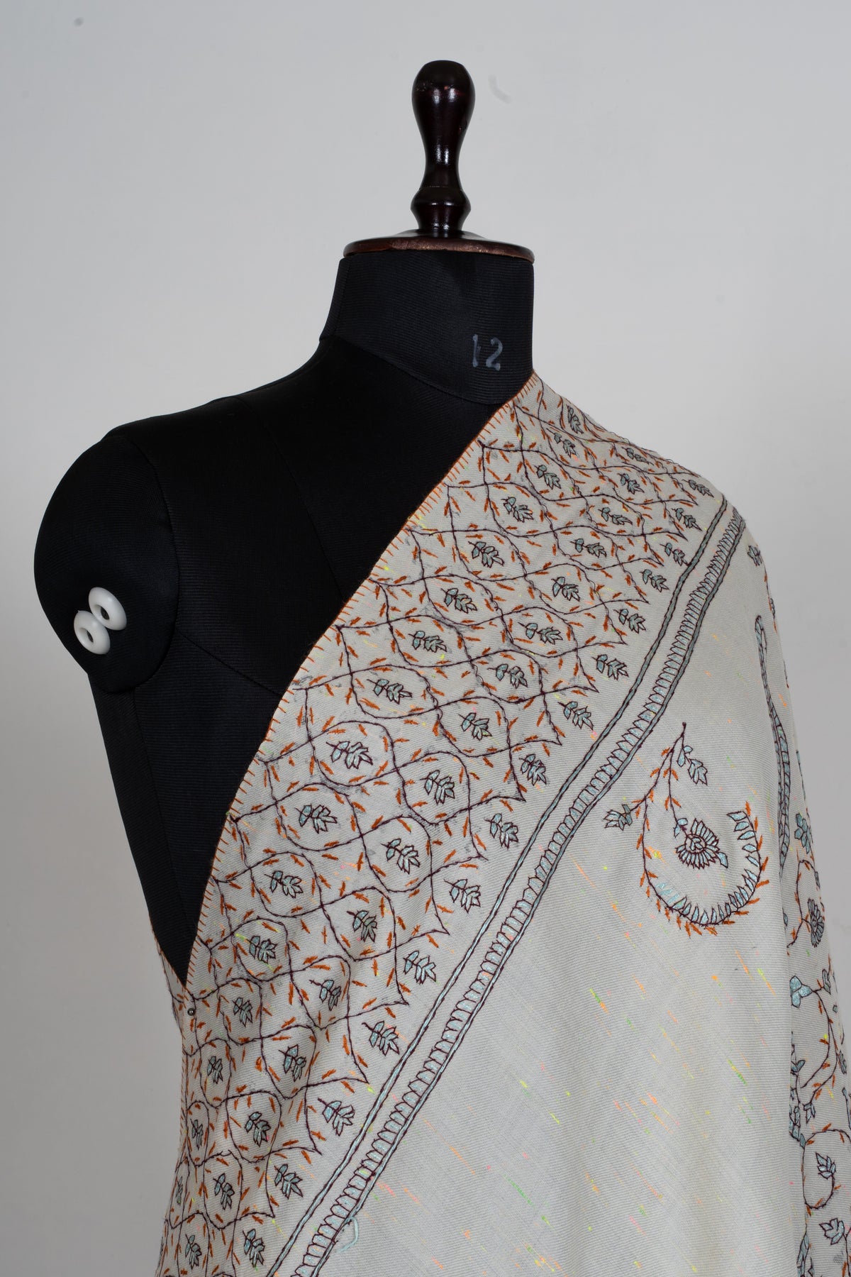 Ivory Whispers Sozni Hand Embroidered Fine merino wool Shawl with Delicate Blue and Rust Floral Vines