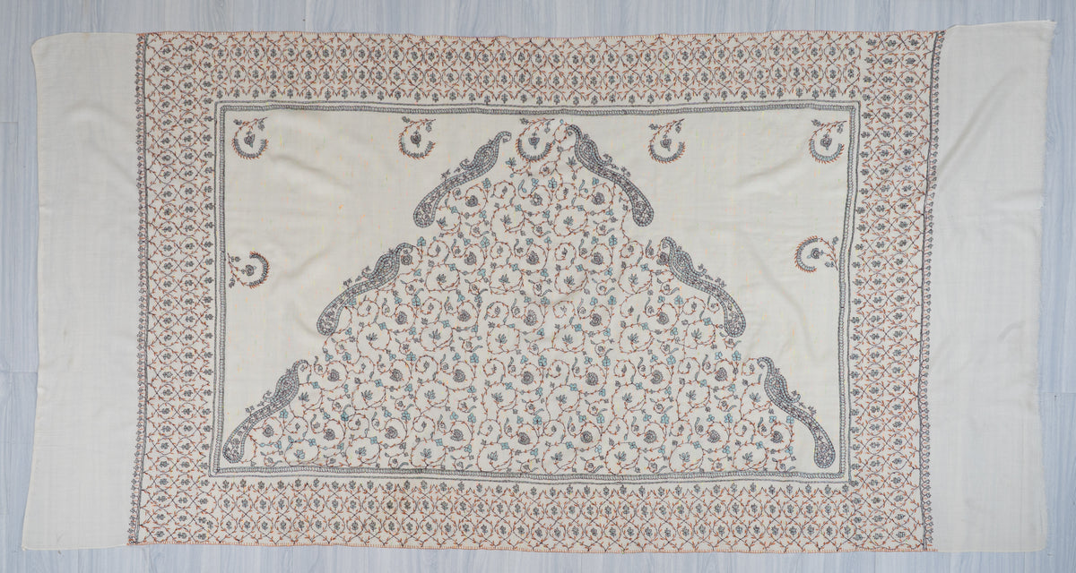 Ivory Whispers Sozni Hand Embroidered Fine merino wool Shawl with Delicate Blue and Rust Floral Vines