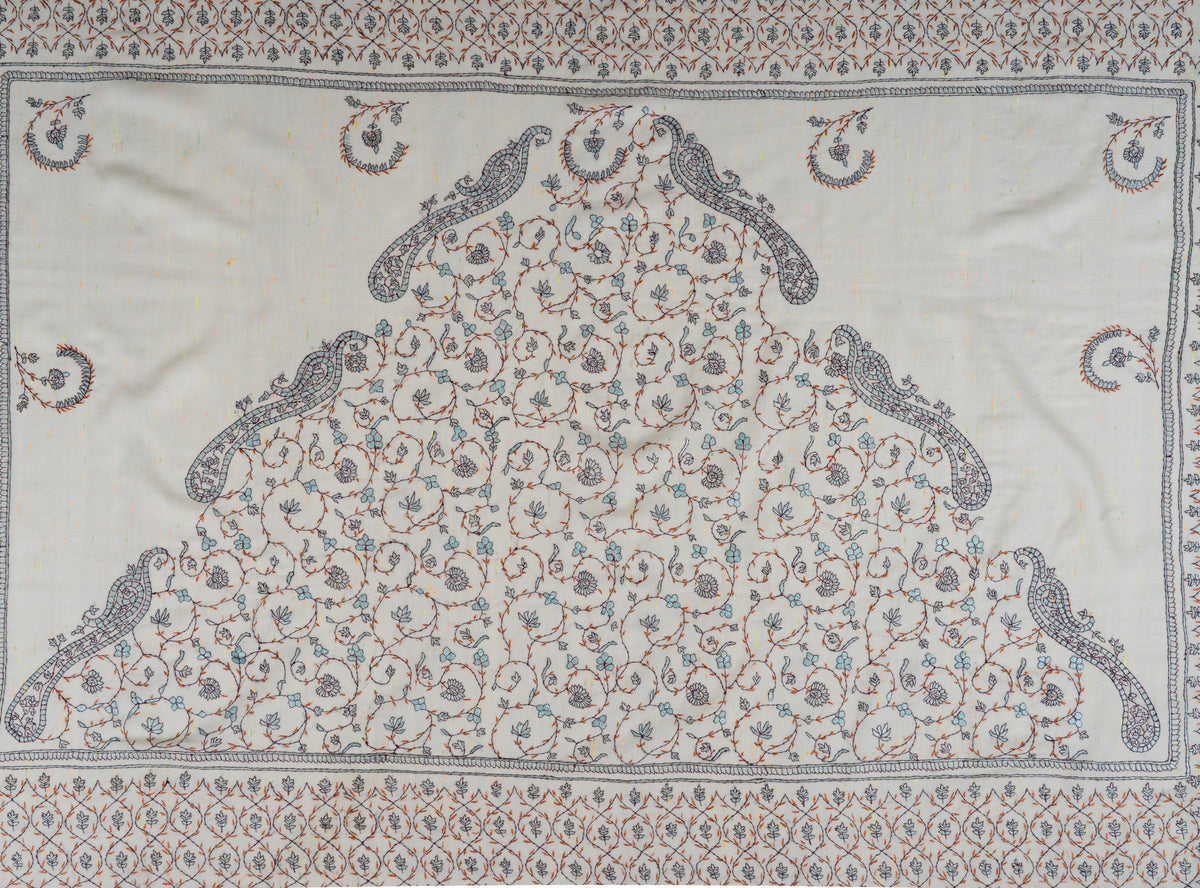Ivory Whispers Sozni Hand Embroidered Fine merino wool Shawl with Delicate Blue and Rust Floral Vines