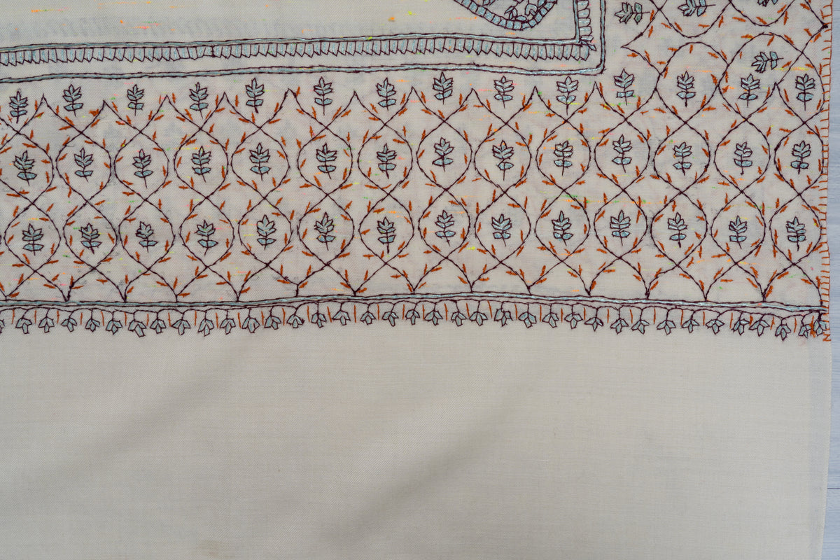 Ivory Whispers Sozni Hand Embroidered Fine merino wool Shawl with Delicate Blue and Rust Floral Vines