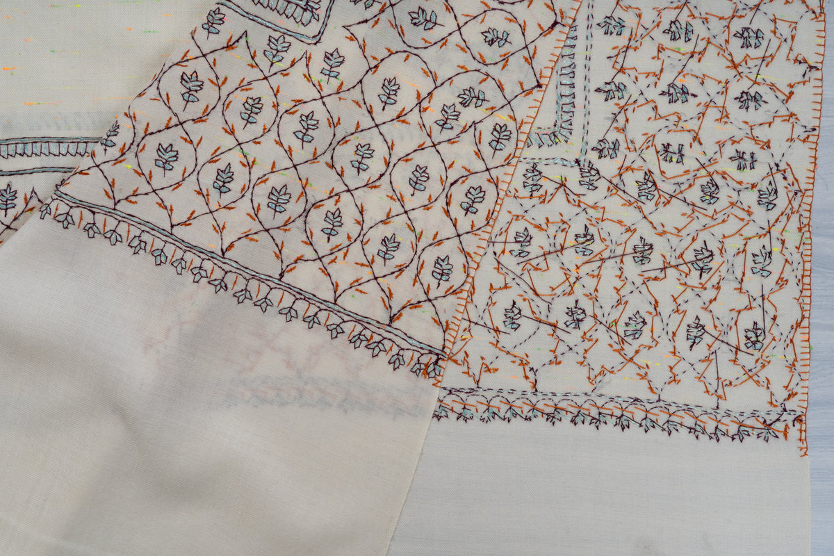 Ivory Whispers Sozni Hand Embroidered Fine merino wool Shawl with Delicate Blue and Rust Floral Vines