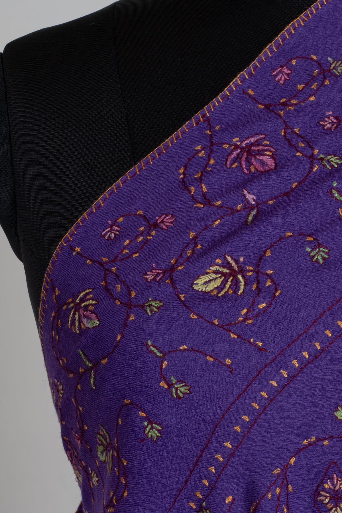 Royal Amethyst Sozni Hand Embroidered Fine merino wool Shawl with Delicate Paisley and Vine Patterns