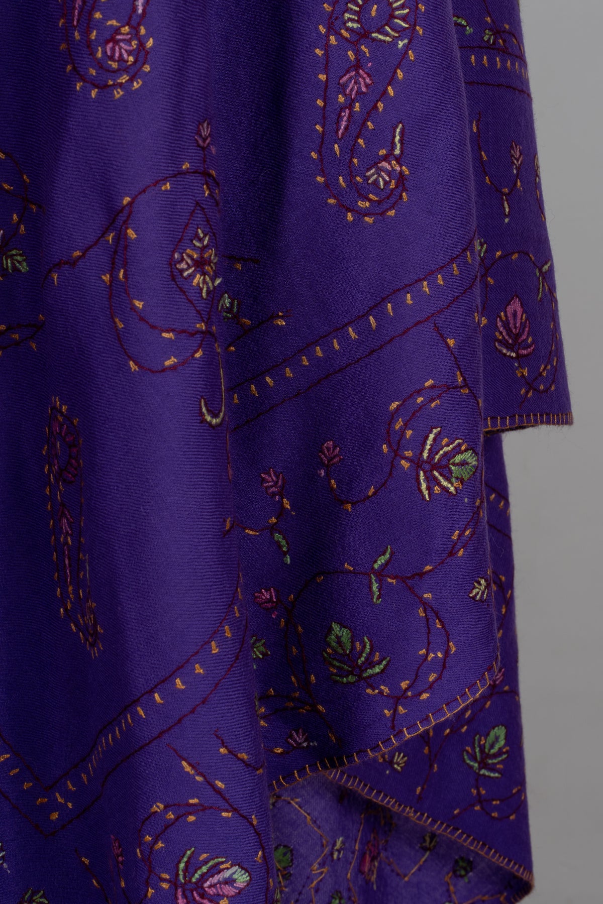 Royal Amethyst Sozni Hand Embroidered Fine merino wool Shawl with Delicate Paisley and Vine Patterns