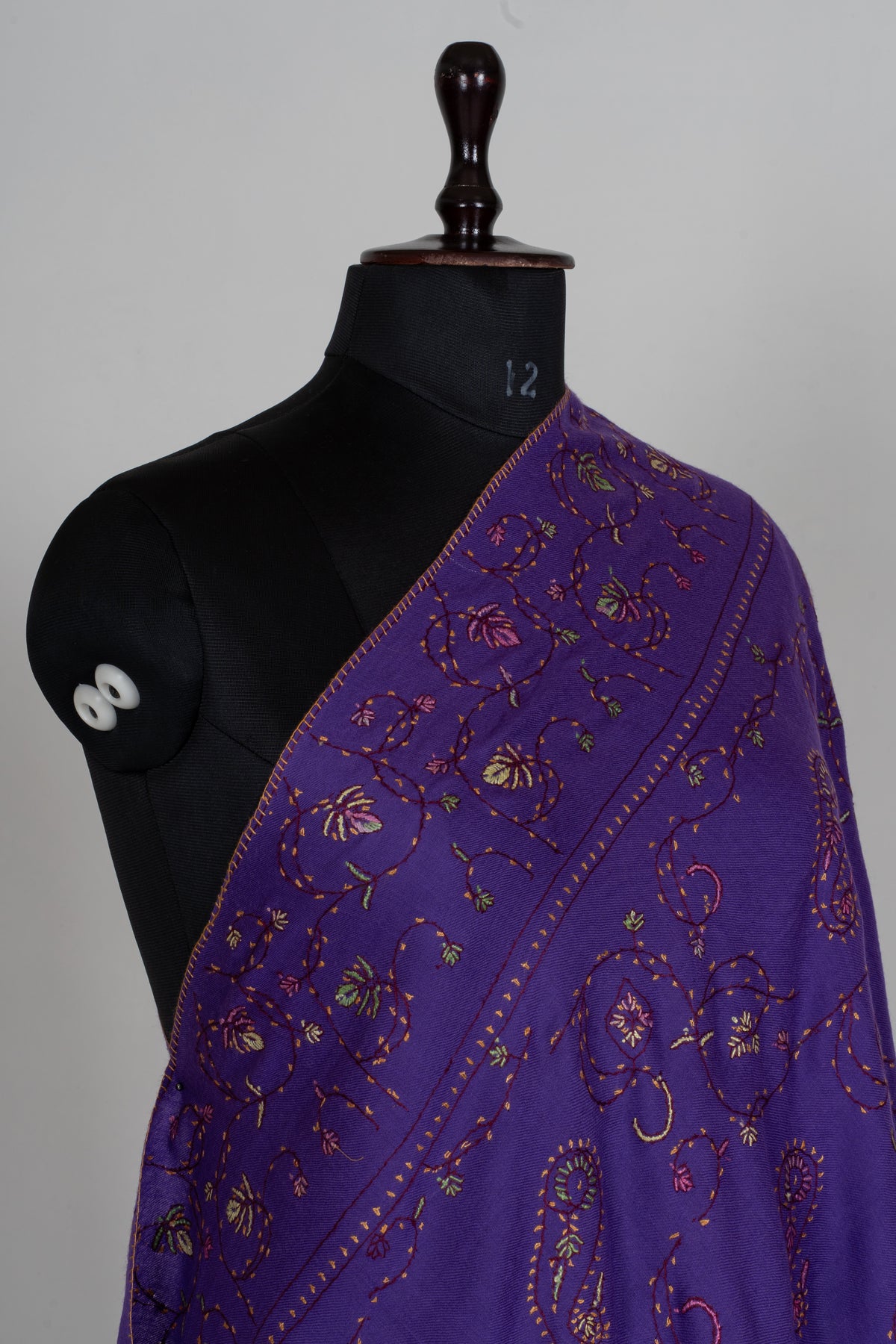 Royal Amethyst Sozni Hand Embroidered Fine merino wool Shawl with Delicate Paisley and Vine Patterns