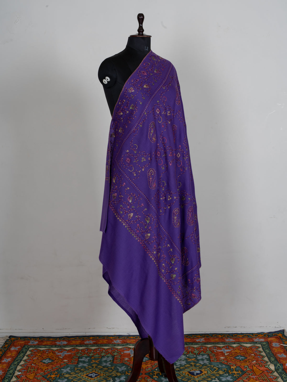 Royal Amethyst Sozni Hand Embroidered Fine merino wool Shawl with Delicate Paisley and Vine Patterns