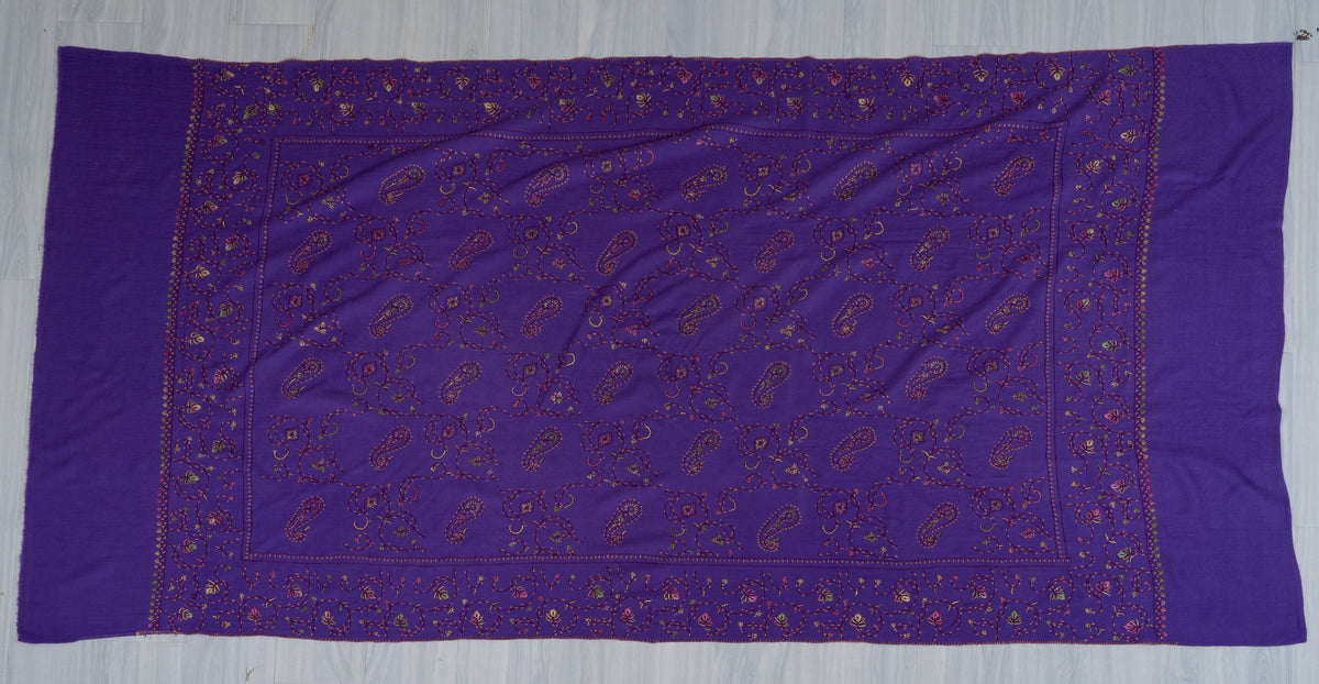 Royal Amethyst Sozni Hand Embroidered Fine merino wool Shawl with Delicate Paisley and Vine Patterns